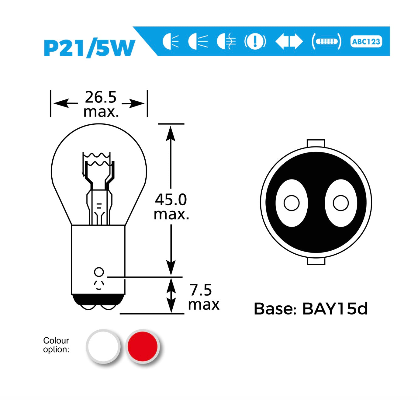 12V P21/5W BAY 15D S25 (10 PACK) RED