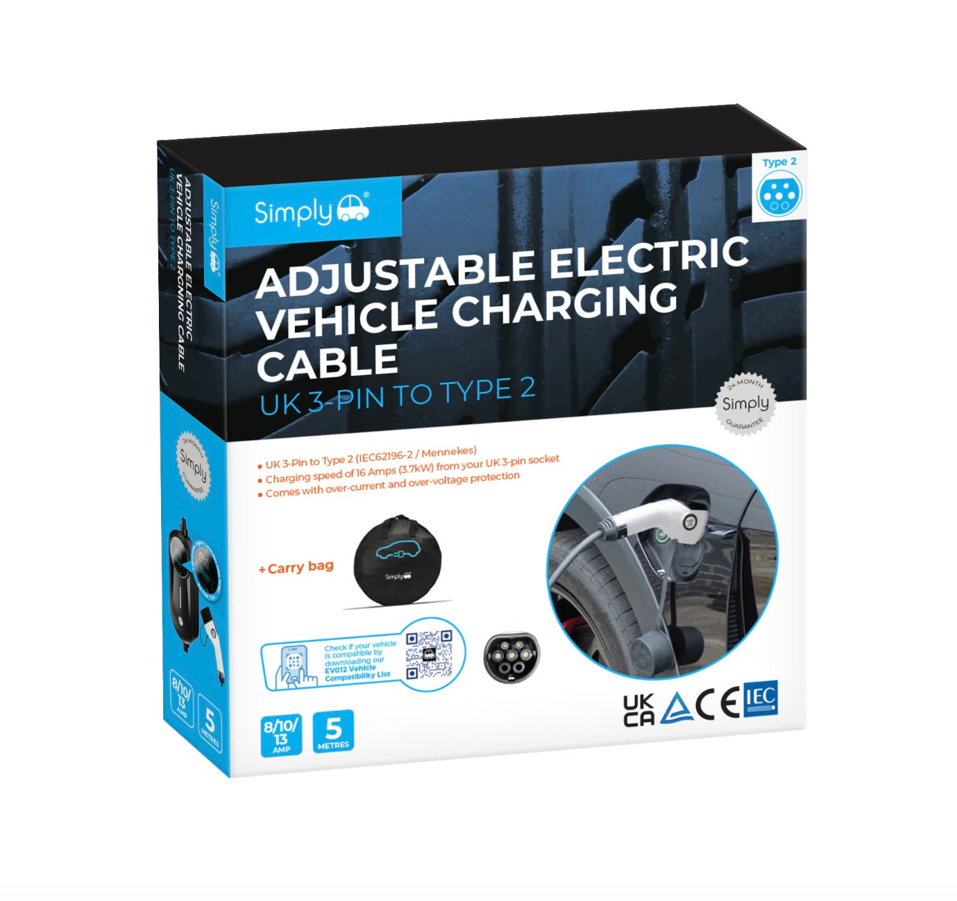 PREMIUM TYPE 2 TO UK 3PIN 5M EV CABLE 3.1kW
