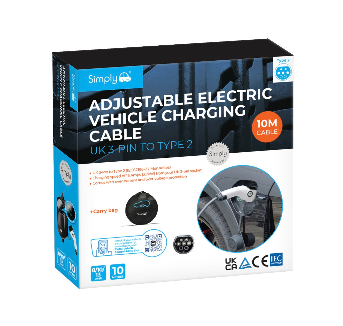 PREMIUM TYPE 2 TO UK 3PIN 10M EV CABLE 3.1kW